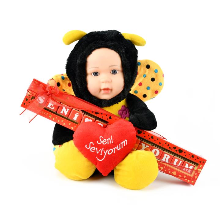Sarı Kanatlı Bebek 40 cm ve  Harf Çikolata 140 gr